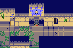 Nyx exploring a stone dungeon corridor with a glowing blue design